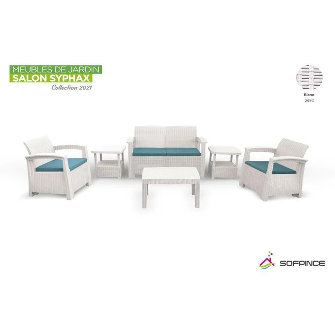 SYPHAX - 4Pièces Effet Rotin Salon de jardin - blanc avec coussin bleu