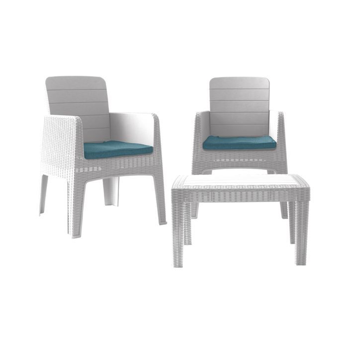 Marechal- 3Pièces - 2 places - Salon de jardin - Blanc avec coussins bleu